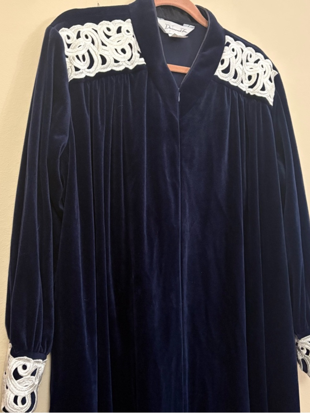 Diamond Tea Robe Women M House Coat Dress Blue Velvet Full Zip Vintage lace trim